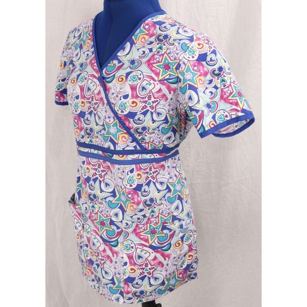 Liana Medical Scrub Top Women's XS Blue Multicolor Pattern VTG V-Neck Tie Back - Picture 2 of 11